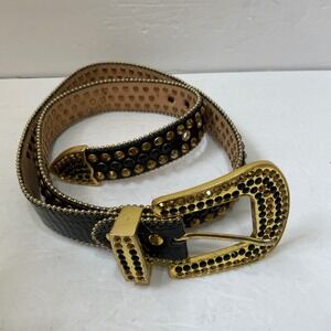 RAW BRAND‎ GENUINE LEATHER RHINESTONE STUDDED BELT WITH GOLDTONE HARDWARE